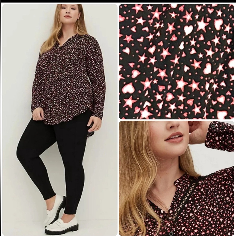 Torrid Tunic Top Blouse Stars Hearts Womans Size 5 (5X) Black Red Knit Button Up